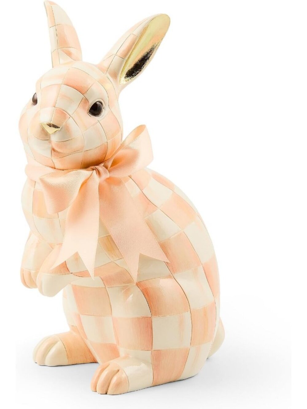 Charming Bunny Figurine for Spring Decor, Coral & White Check Rabbit Statue